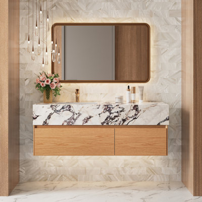 Meuble-lavabo flottant de luxe moderne 48 po avec lavabo, plateau de table en faux marbre brillant, tiroirs en bois naturel