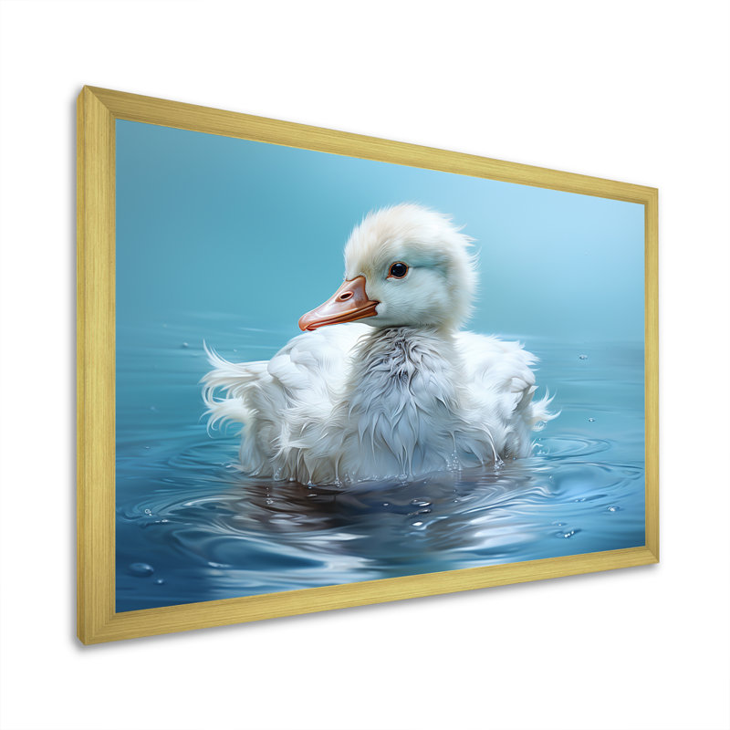 «Blue Duck», art mural canard bleu et blanc, Cadre doré à coins fermés, H 24 po x l 32 po x P 1 po