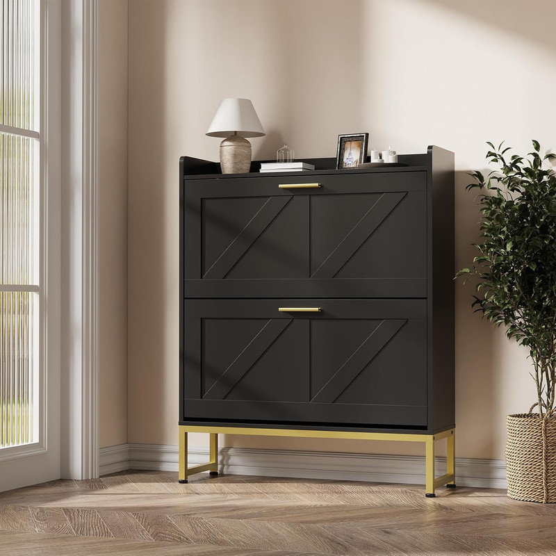 Shoe Cabinet for Entryway, Narrow Flip Drawer Shoe Storage with Adjustable Shelves & Dustproof Back Panel, Freestanding Organizer