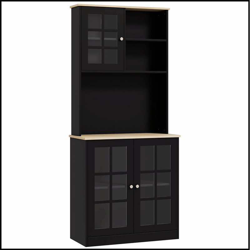 Armoire de cuisine autoportante avec huche, grand comptoir et portes en verre pour un rangement et une présentation élégants