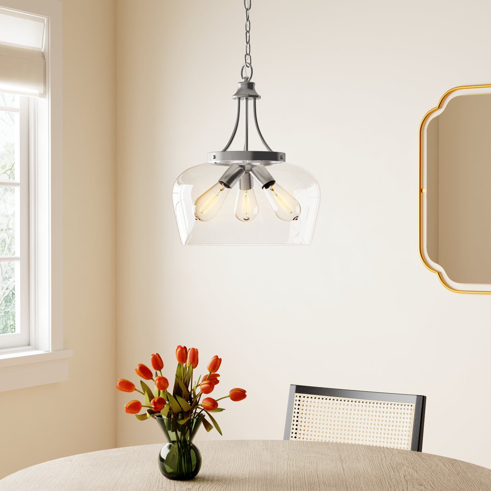 Breena Dimmable 3-Light Pendant, Satin Nickel, Clear