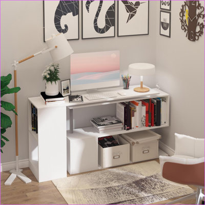 Desks 55” Modern 360° Rotating L-Shaped Home Office Workstation with 3-Tier Storage | White | Engineered Wood
