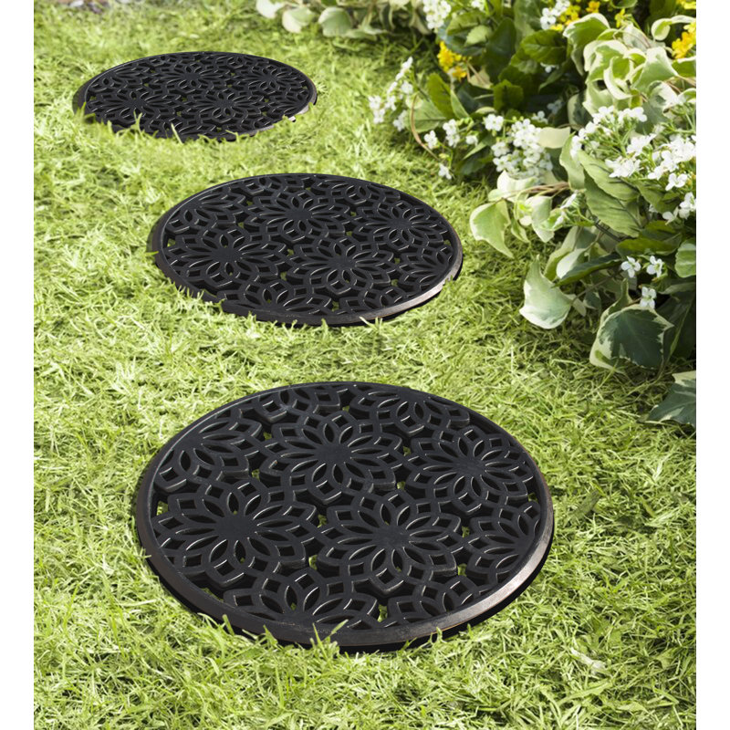 Alora Rubber Multi Functional-Garden Stepping Stone Mat, Round, Black Set of 3 - 14" X 14"