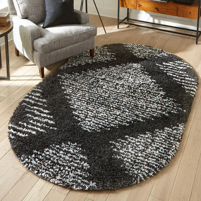 Tapis noir / blanc à motif abstrait Rodney, Ovale 5 pi 3 po x 8 pi