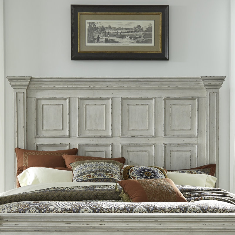 Ensemble de chambre à coucher avec lit à panneaux, commode et miroir Temple Cloud, Grand lit, Blanc