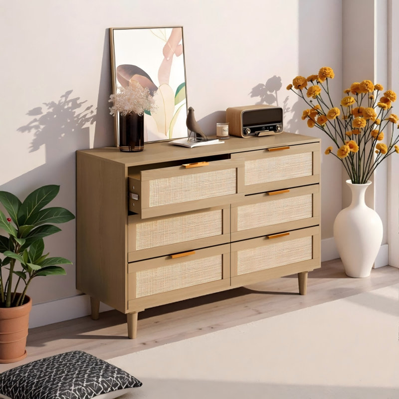 Commode 6 tiroirs en rotin au design naturel pour le rangement de la chambre à coucher et du salon