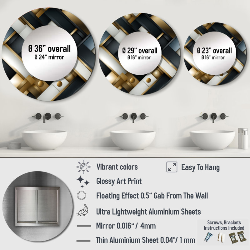 Black And Gold Marble Mosaic Dimensions - Geometric  Mirror, Black Round Decorative Wall Mirror, Printed Metal Art, 23" x 23"
