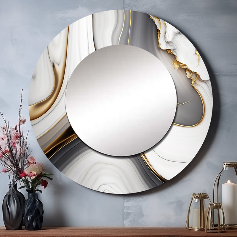 Abstrait géométrique en marbre gris vagues I - miroir rond abstrait mural_MTMIR58616, 29 po x 29 po