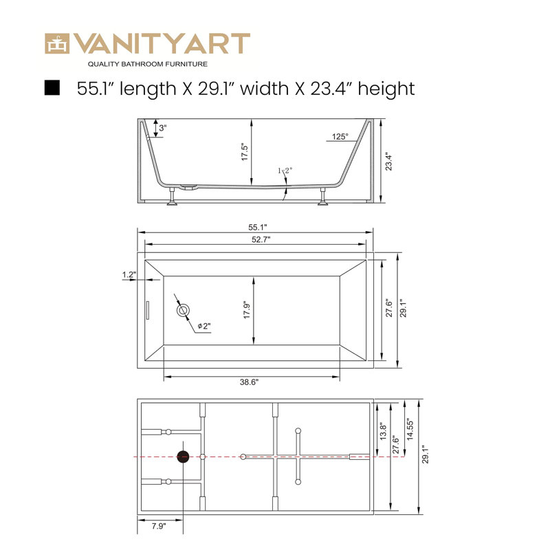55" x 29" Freestanding Soaking Acrylic Bathtub, White/Integrated Overflow