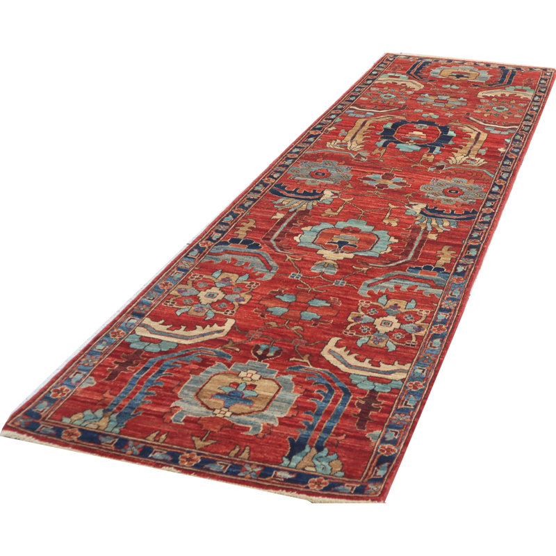 Tapis rouge et bleu noué à la main de haute qualité