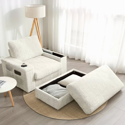 Canapé simple surdimensionné de 42 po, fauteuil en fausse fourrure de lapin avec porte-gobelets, méridienne rembourrée avec repose-pieds avec rangement et accoudoirs, canapé-lit avec siège profond pour le salon, appartement