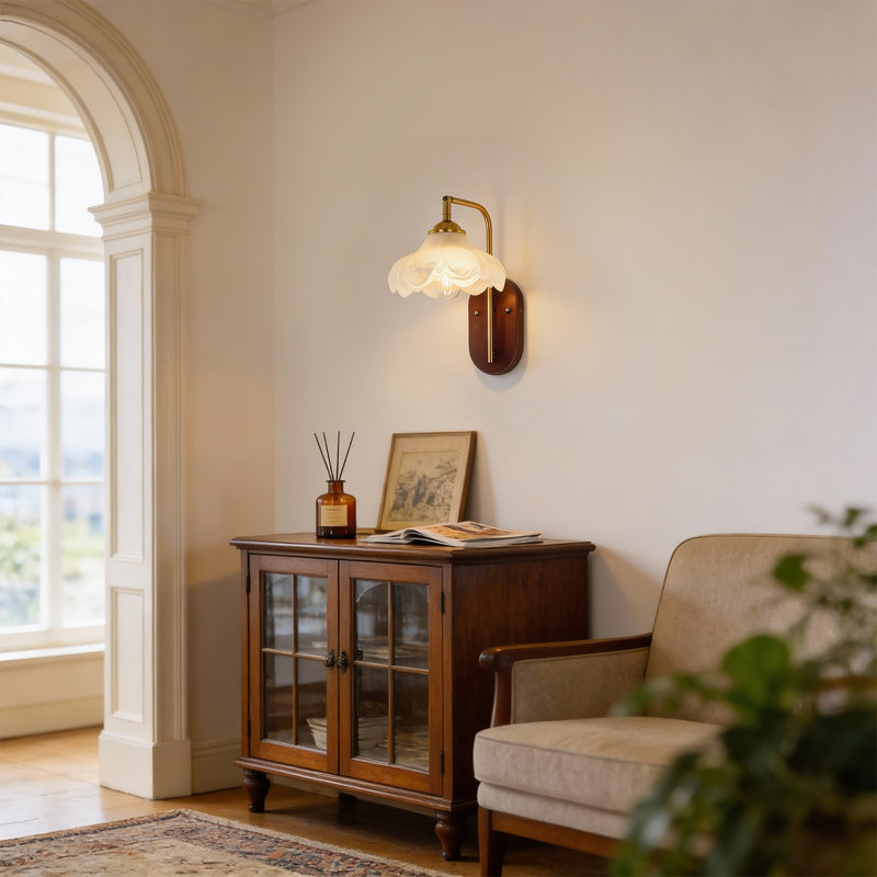 Guynup Vintage Lighting Set: Table Lamp + Wall Sconce + Flush Mount Ceiling Light – Matching Frosted Flower Glass Shades & Wood-Tone Finishes For Whole-Home Elegance