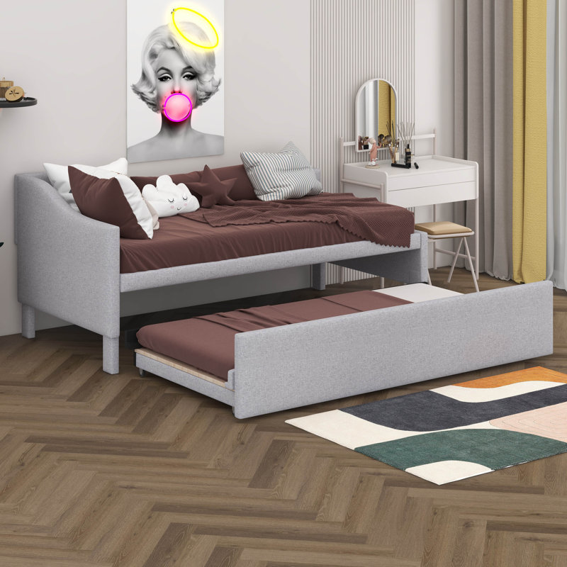 Twin Size Upholstered Daybed With Pop Up Trundle, Twin To King Size Daybed Sofa Bed With L-Shaped Backrest For Bedroom Guest Room