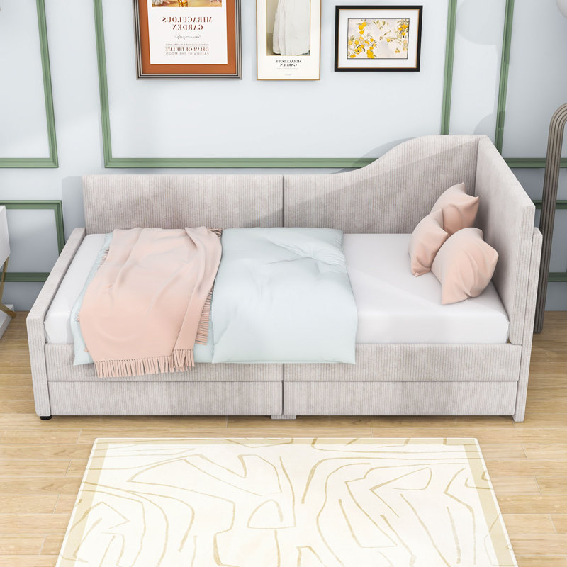 Lit de jour simple en L 2 tiroirs en MDF, Beige