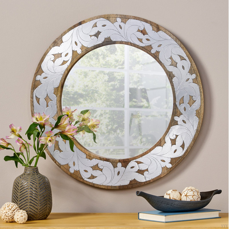 Bois de manguier / miroir rond ajusté