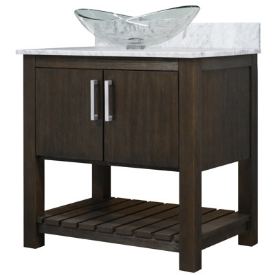 Meuble-lavabo de 30 po avec comptoir en marbre de Carrare et lavabo, quincaillerie en nickel brossé