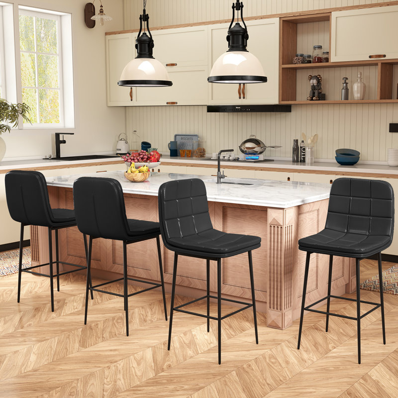 Bar Stools, 27.5" Mid Century Modern PU Leather Counter Height Stools, Upholstered Barstools With Metal Legs And Footrest, Armless Dining Chairs With Back For Kitchen Island