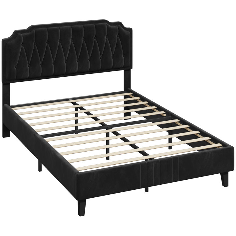 Upholstered Bed Frame with with Diamond Button-Tufted Headboard, Black, King