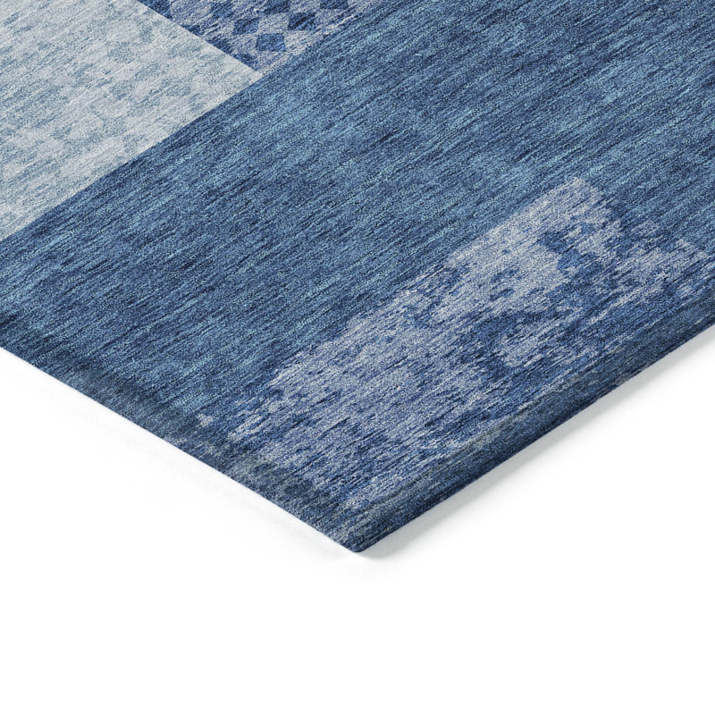 8' X 10' Navy Blue And Sky Blue Geometric Washable Indoor Outdoor Area Rug