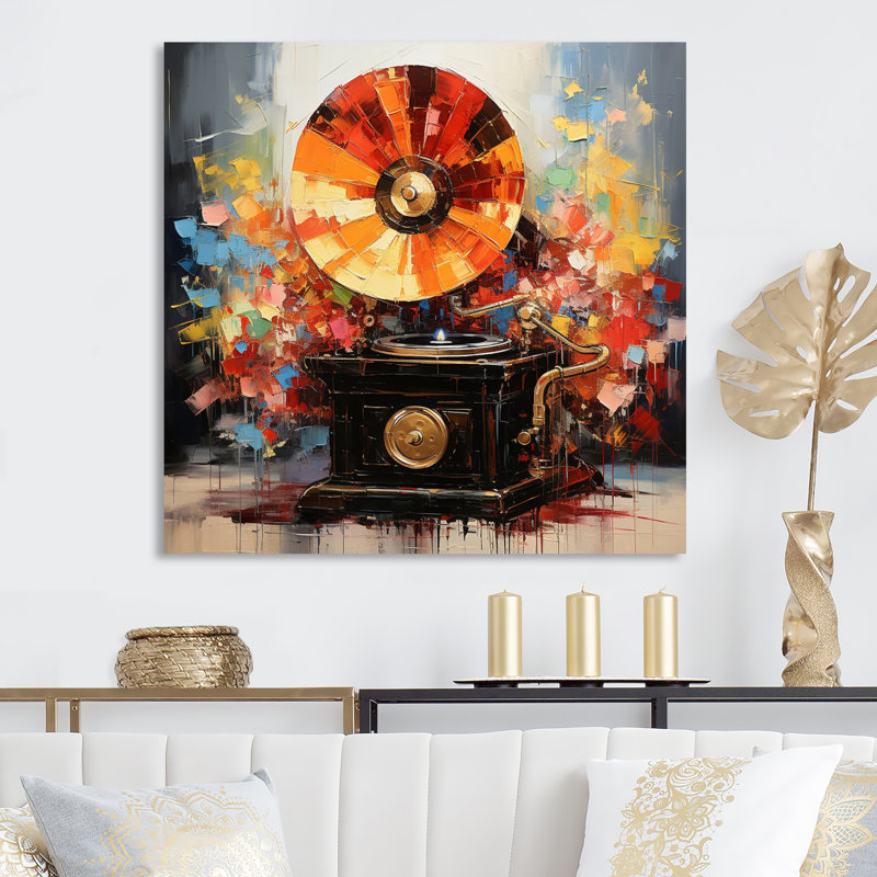Collage coloré de Phonograph - reproduction de musique sur métal, H 16 po x l 16 po x P 1 po