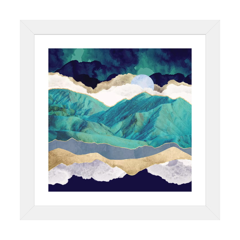 Montagnes bleu sarcelle - impression d'art graphique, H 16 po x l 16 po x p 1 po, Papier encadré blanc, Blanc