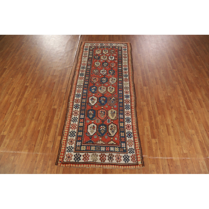 Tapis de couloir antiquité à teinture végétale pré-1900 Kazak