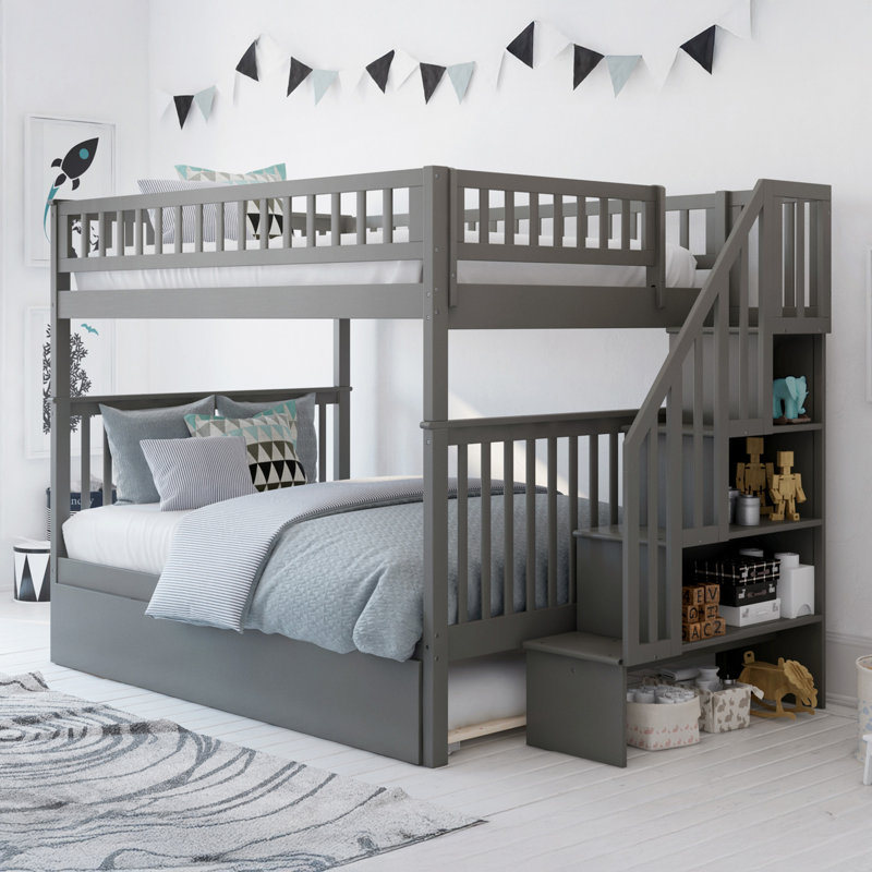 Ilariana Wood Bunk Bed with Staircase and Trundle, Gray, Full Over Full
