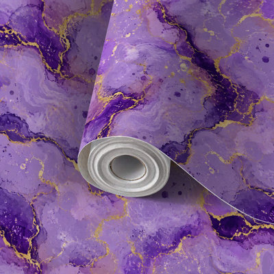 Papier de contact à peler et coller avec marbrures abstraites, marbre mauve, veines dorées, faux peint, auto-adhésif et amovible 24 po x 118 po (60 x 300 cm)