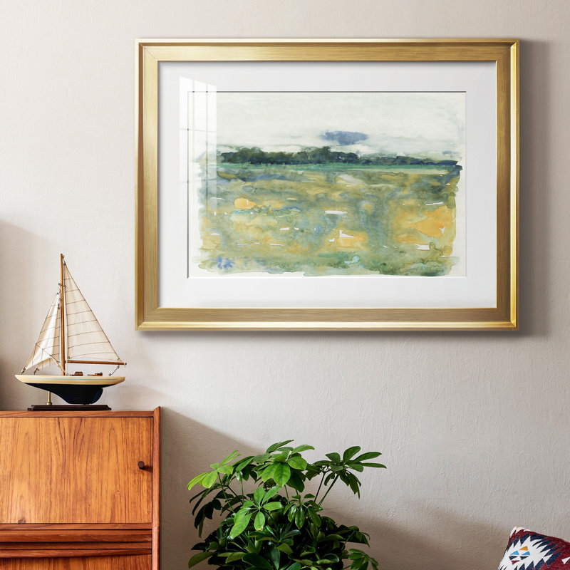 «Flowing Landscape II» - peinture encadrée, Or, H 18,5 po x l 24,5 po x P 1 po, Blanc