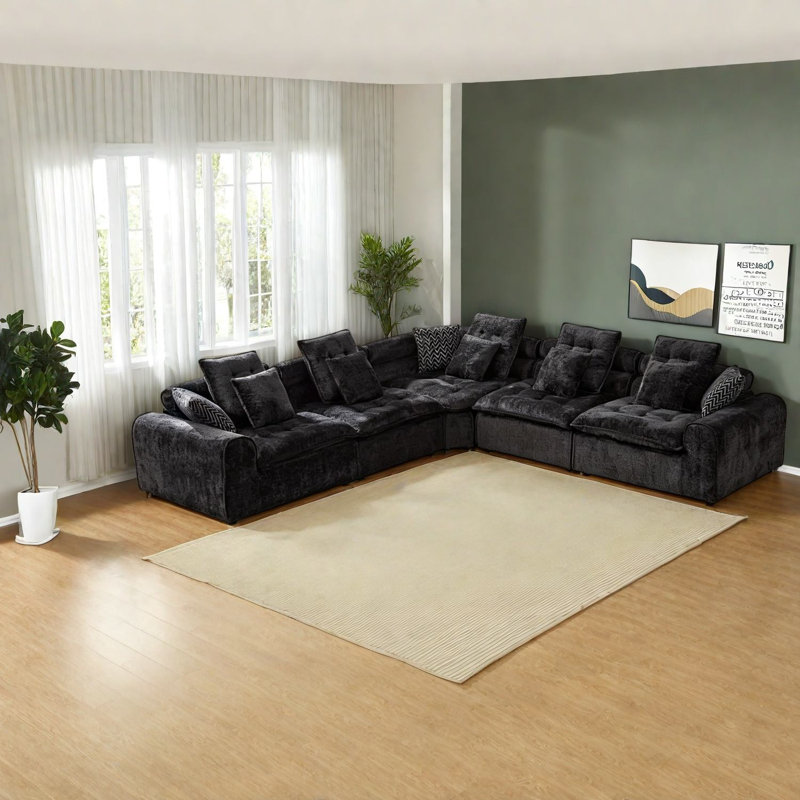 Canapé d'angle surdimensionné en boucle noire, canapé modulaire moderne 5 places en forme de L pour la maison, Noir
