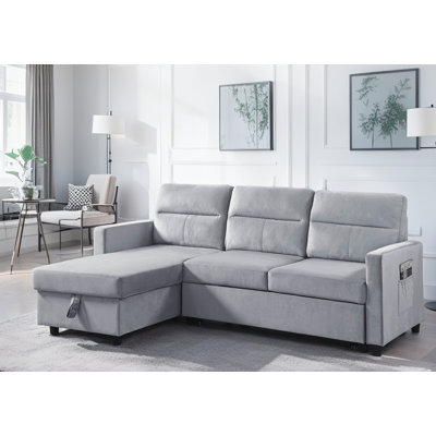 Light Gray 81.5" Velvet Reversible Sleeper Sectional Sofa With Storage Chaise And Side Pocket