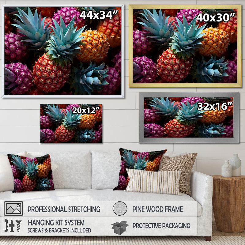 Nectar néon ananas III, H 16 po x l 32 po x P 1 po, Cadre flottant doré