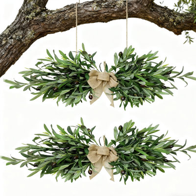 2 pièces couronne artificielle olive avec nœud en toile de jute, décoration murale feuille de vigne verte pour porte d'entrée et espaces intérieurs