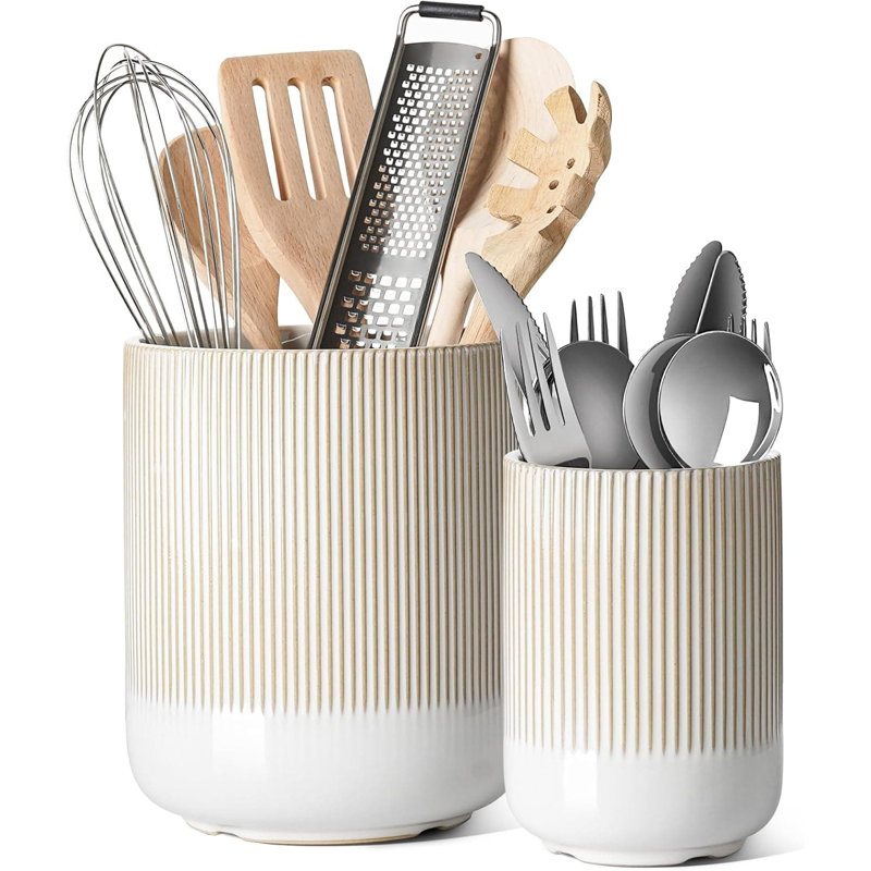 Ceramic Utensil Holder Set of 2 - 7.3"x5.4" Large Countertop Crocks, White Glaze, Modern Spatula Organizer, White/Beige
