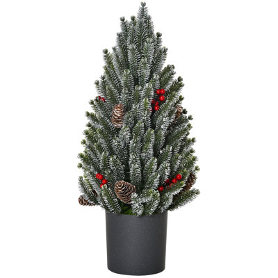 18" Tall Unlit Miniature Snow-Flocked Tabletop Artificial Christmas Tree, Holiday Decoration With Pine Cones And Berries