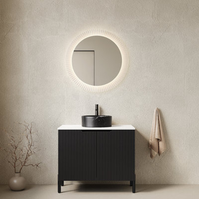 Meuble-lavabo de salle de bain 30 po avec lavabo, armoire de rangement autoportante avec 2 portes, lavabo rond en céramique noire avec motif en pierre et comptoir en pierre frittée blanc de Carrare, sans robinet, couleur noire