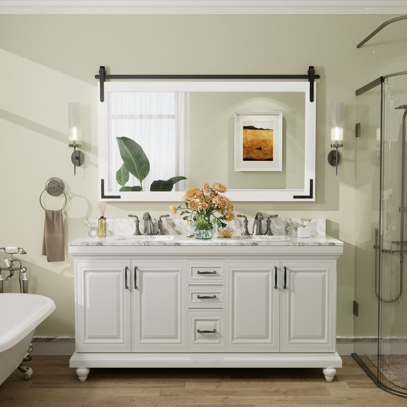 Miroir mural Amara Rustic Farmhouse, 60 po x 36 po; Horizontale, Blanc