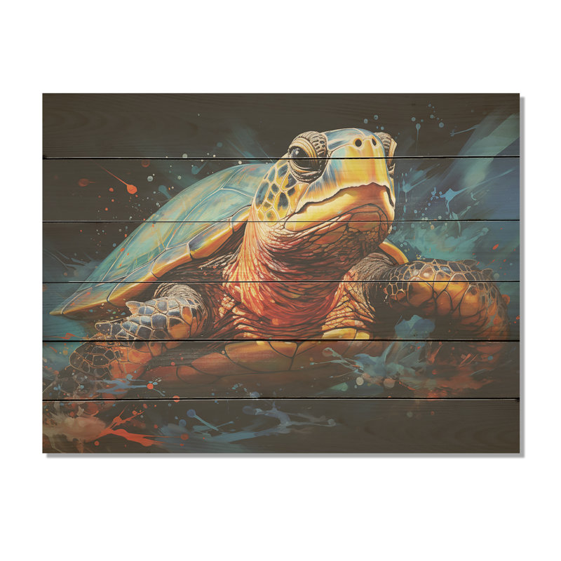 Abstract Representation Of A Turtles Aquatic Journey - Turtle Wood Panel Wall Art On Natural Pine Wood, 10" H x 20" W