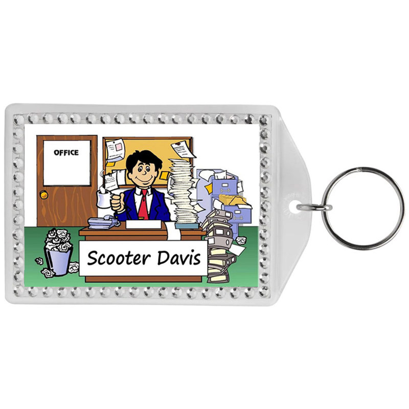 Personalized Name That Toon Office, Messy - Male Rhinestone Bordered Key Chain, Yes