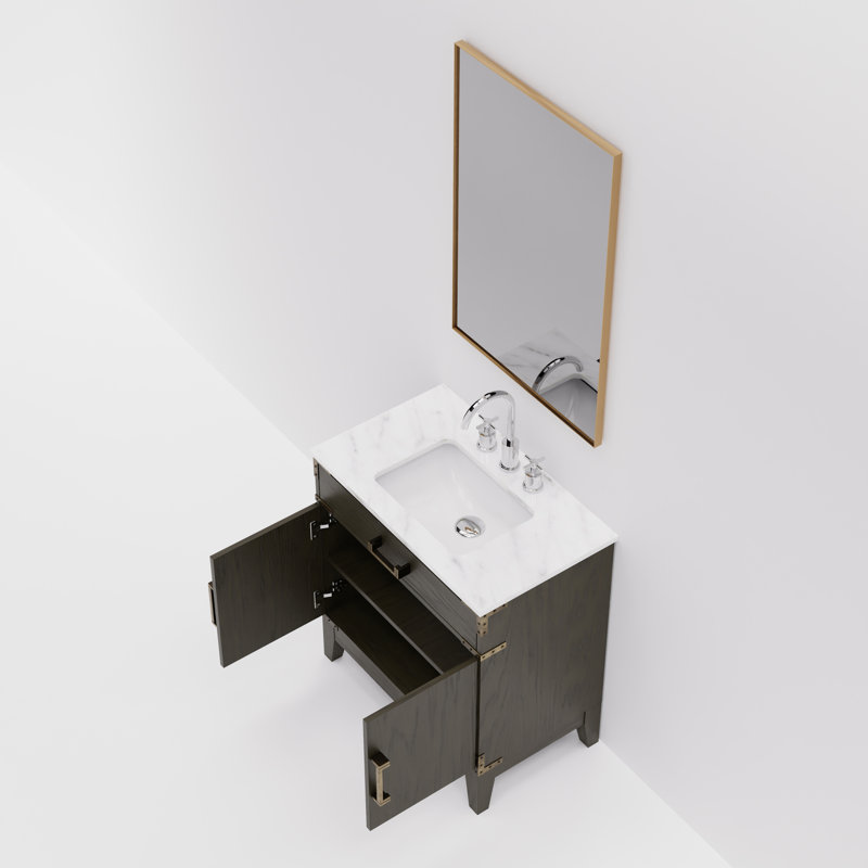 Laurel 36 in W x 22 in D Single Bath Vanity Mirror and Faucet Set, Brown Oak, White Carrara Marble
