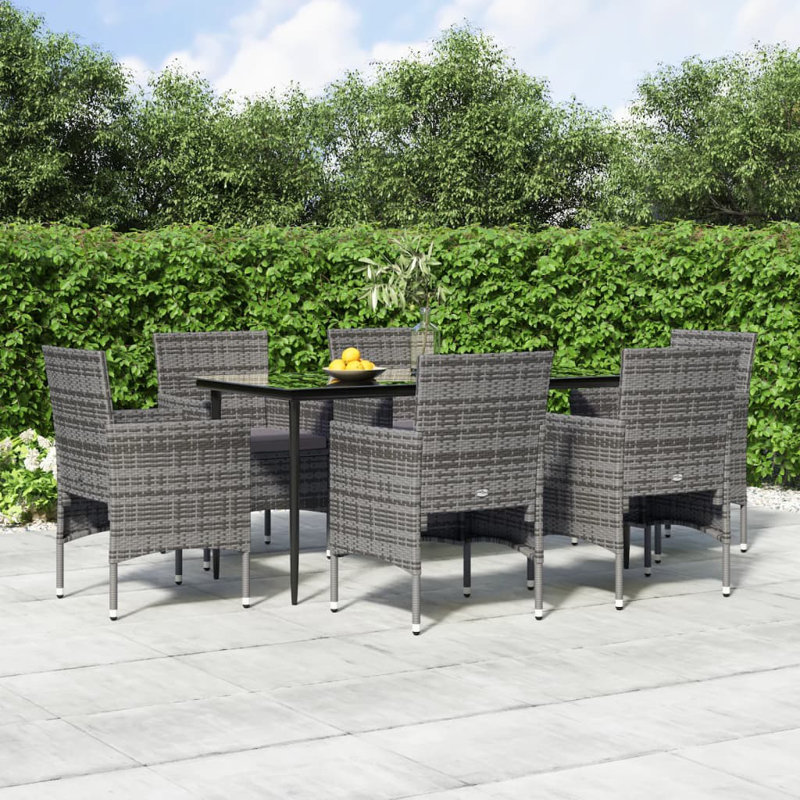 Long Dining Set with Cushions, Dark Gray Cushion/Gray Frame, 29.1" H x 31.5" W x 31.5" D, 6