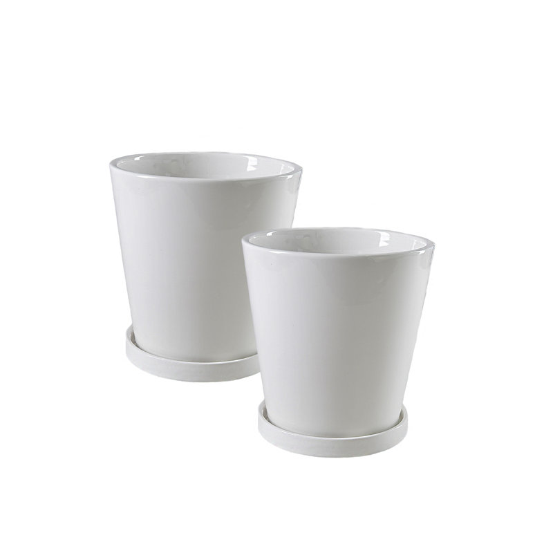  Arca White Ceramic Tapered Planter, Modern Glossy Pot With Drainage Saucer For Indoor Houseplants, Herbs, Succulents & Florals, 6.5" Diameter & 7" Tall, Pack Of 2
