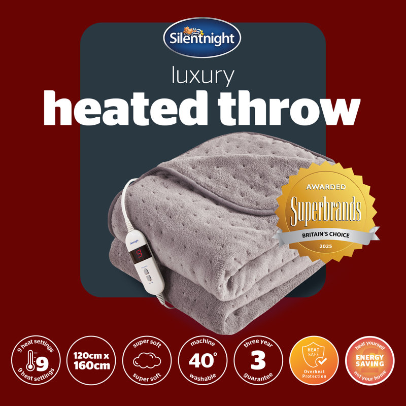 Silentnight Comfort Control Heated Throw Super-soft with 9 Settings Over Blanket, Grey