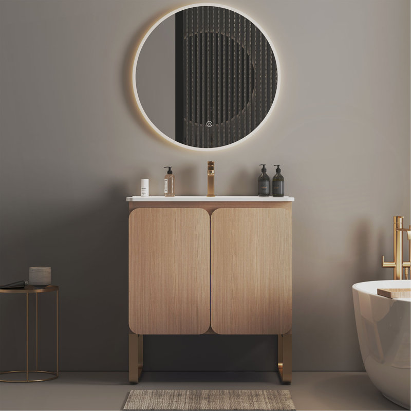 Meuble-lavabo mural autoportant de 30 po en bois clair avec lavabo en céramique, grand meuble de rangement 2 portes et support en métal pour salle de bain moderne, KD