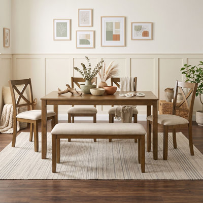 Farmhouse Dining Table Set with Upholstered Bench and Four X Back Chairs