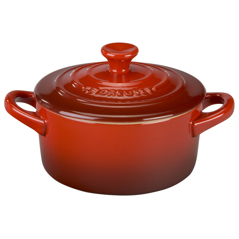 Le Creuset Stoneware Set of 4 - 8 oz. Mini Round with Lids and Cookbook, Cerise