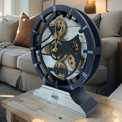 Desk wooden Clock Round 10 inches with Real Moving Gears (Transformable into a Wall Clock - detachable base) Canada Collection