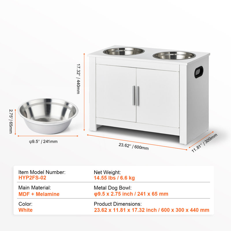 White Wooden Pet Feeding Station with Elevated Bowls and Storage Cabinet
