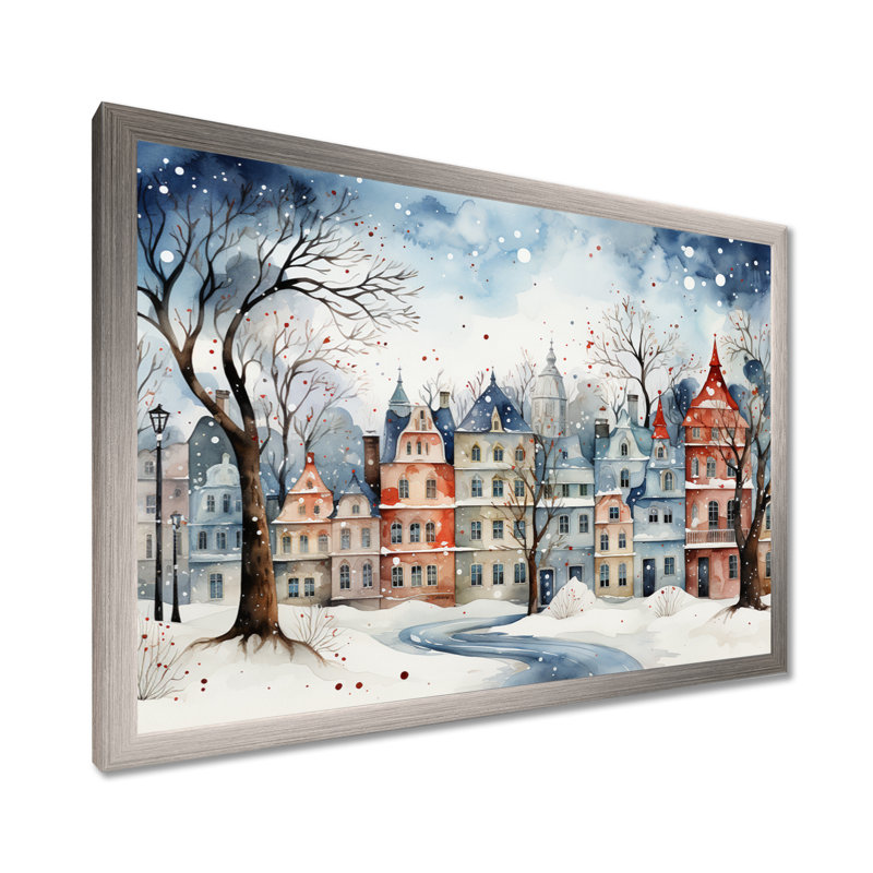 «Christmas village in Winter III - Winter Landscape», art mural encadré, Cadre de coin argenté fermé