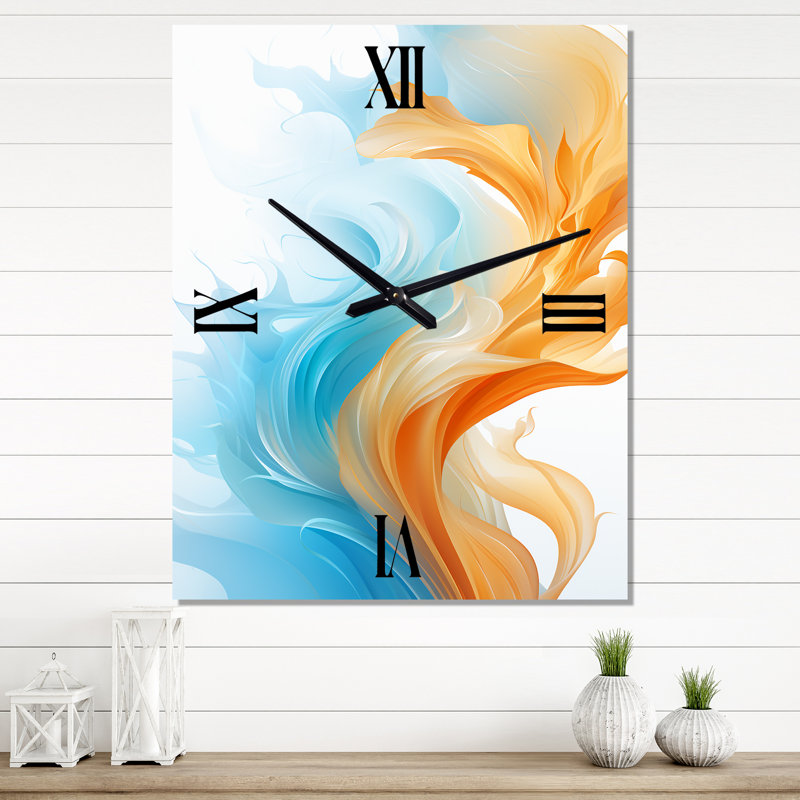 Horloge murale contemporaine à vagues abstraites orange et bleu II - Encre liquide abstraite, H 28 po x l 12 po x P 1 po